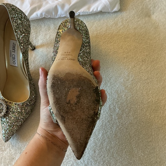 Rare Jimmy Choo Green Saresa 85 Glittered Court Shoes With Crystal Buckle - Picture 8 of 9